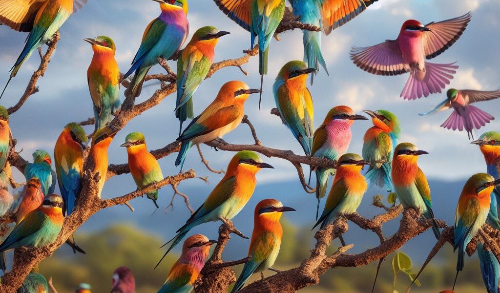 Oiseaux multicolores sur un arbre