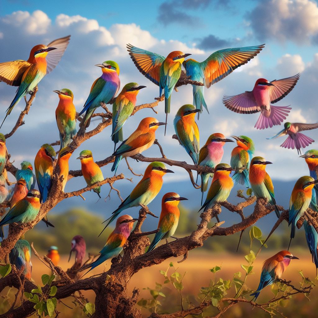 Oiseaux multicolores sur un arbre