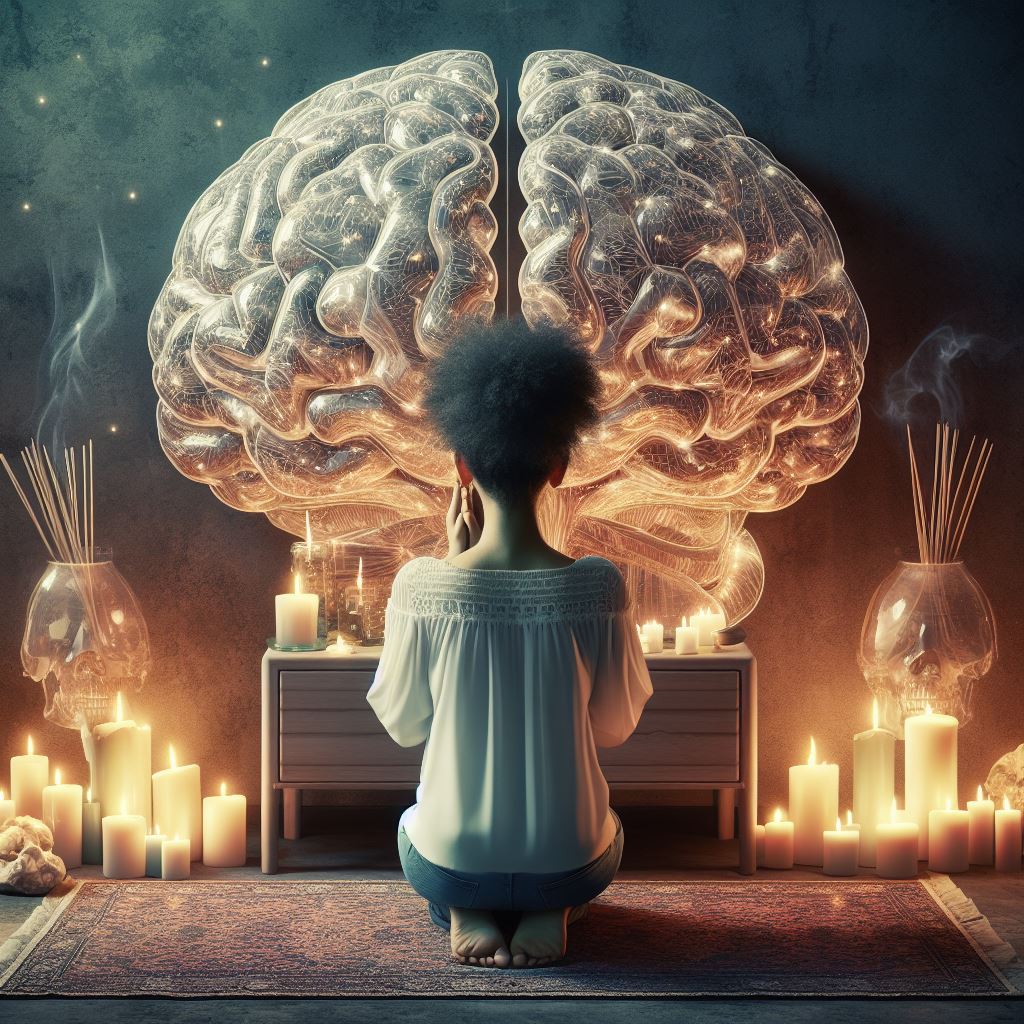 femme en priere devant un autel en forme de cerveau